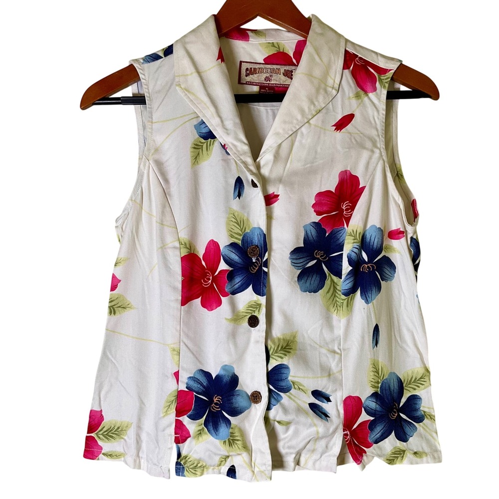 VTG Caribbean Joe Hawaiian Floral Tropical Vest Shirt Top Carved Button Sz S Y2K